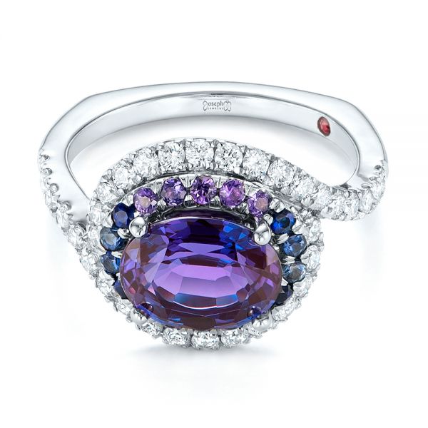 14k White Gold Custom Alexandrite Blue And Purple Sapphire And Diamond Halo Engagement Ring - Flat View -  103443