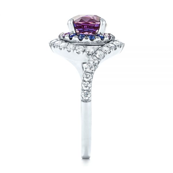 14k White Gold Custom Alexandrite Blue And Purple Sapphire And Diamond Halo Engagement Ring - Side View - 103443