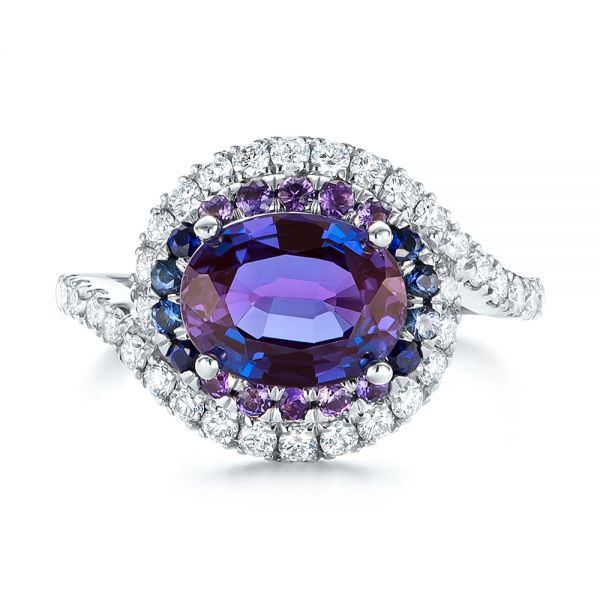 18k White Gold 18k White Gold Custom Alexandrite Blue And Purple Sapphire And Diamond Halo Engagement Ring - Top View -  103443