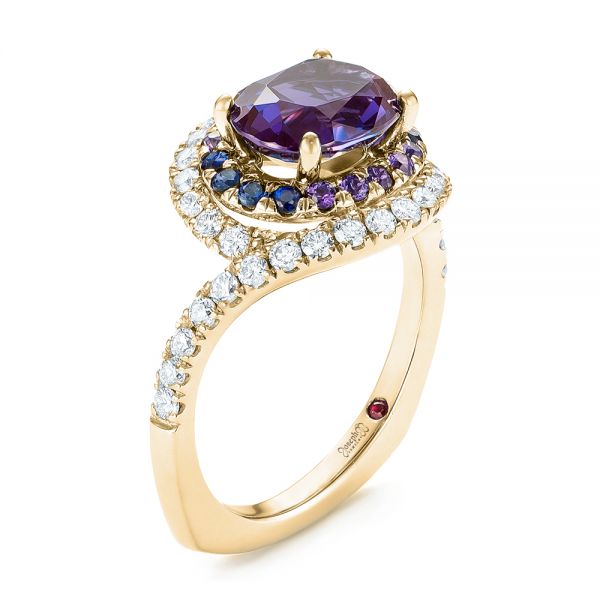 14k Yellow Gold 14k Yellow Gold Custom Alexandrite Blue And Purple Sapphire And Diamond Halo Engagement Ring - Three-Quarter View -  103443