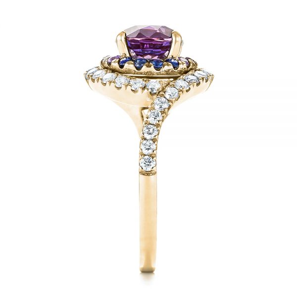 14k Yellow Gold 14k Yellow Gold Custom Alexandrite Blue And Purple Sapphire And Diamond Halo Engagement Ring - Side View -  103443