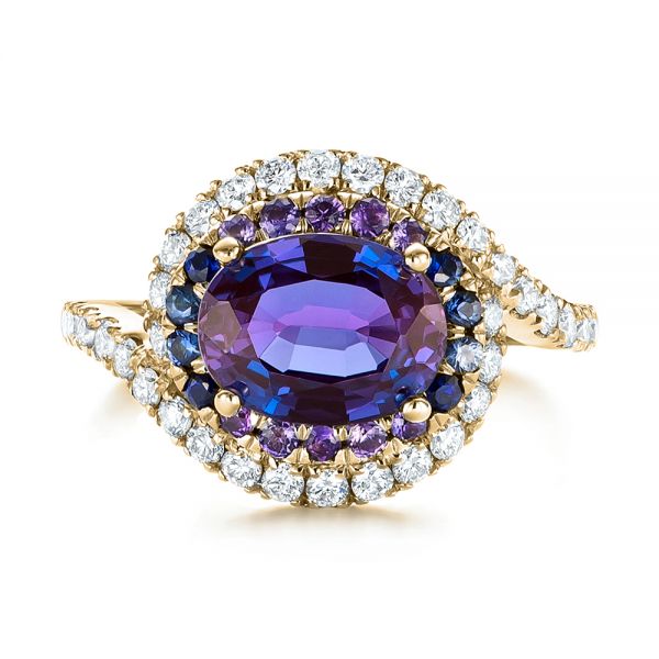 14k Yellow Gold 14k Yellow Gold Custom Alexandrite Blue And Purple Sapphire And Diamond Halo Engagement Ring - Top View -  103443