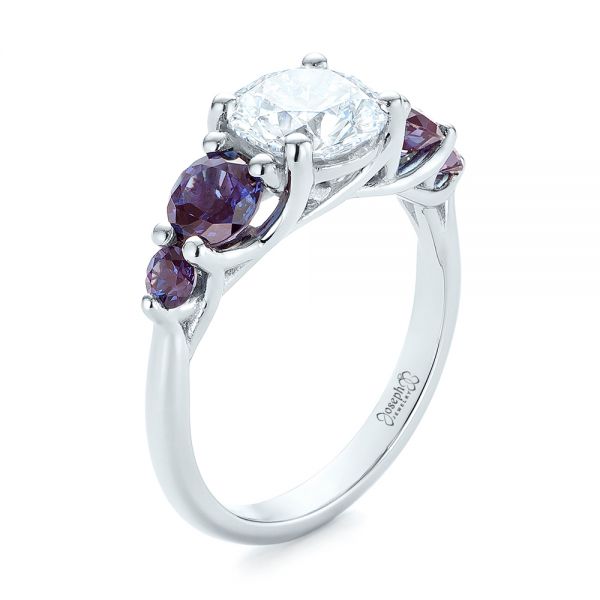 18k White Gold 18k White Gold Custom Alexandrite And Diamond Five Stone Engagement Ring - Three-Quarter View -  104691