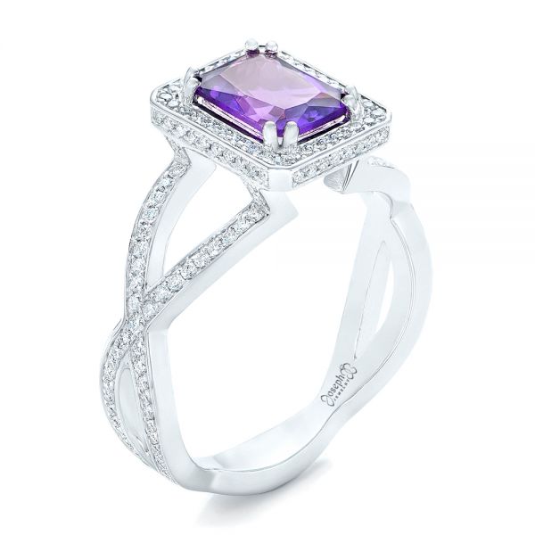 14k White Gold Custom Amethyst And Diamond Engagement Ring - Three-Quarter View -  102449