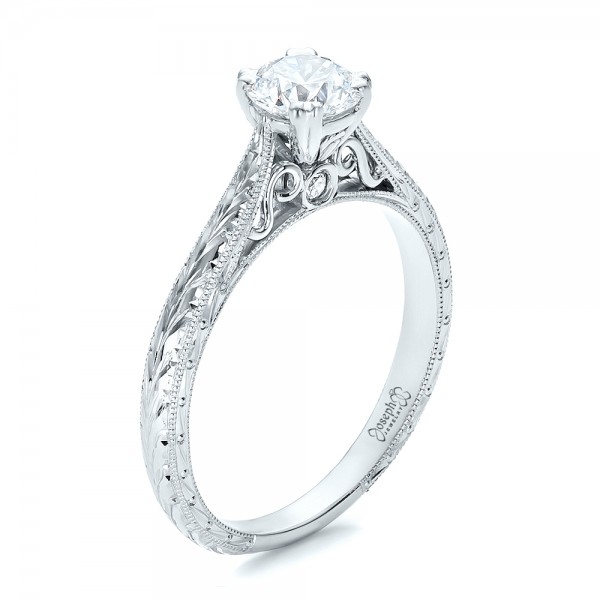 Custom Antique Hand Engraved Diamond Solitaire Engagement Ring
