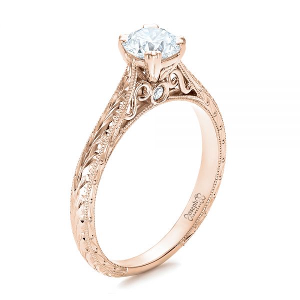 14k Rose Gold 14k Rose Gold Custom Antique Hand Engraved Diamond Solitaire Engagement Ring - Three-Quarter View -  100716