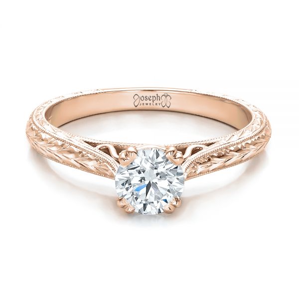 14k Rose Gold 14k Rose Gold Custom Antique Hand Engraved Diamond Solitaire Engagement Ring - Flat View - 100716