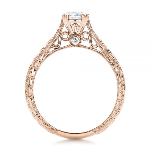 14k Rose Gold 14k Rose Gold Custom Antique Hand Engraved Diamond Solitaire Engagement Ring - Front View - 100716