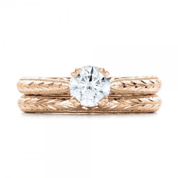 14k Rose Gold 14k Rose Gold Custom Antique Hand Engraved Diamond Solitaire Engagement Ring - Top View - 100716