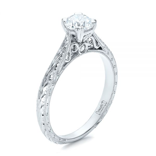  Platinum Custom Antique Hand Engraved Diamond Solitaire Engagement Ring - Three-Quarter View -  100716