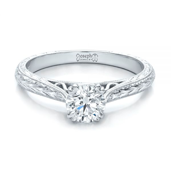  Platinum Custom Antique Hand Engraved Diamond Solitaire Engagement Ring - Flat View -  100716