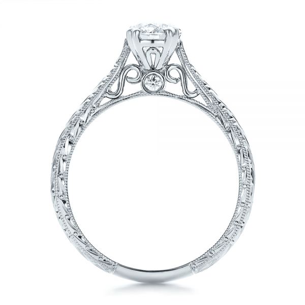 18k White Gold 18k White Gold Custom Antique Hand Engraved Diamond Solitaire Engagement Ring - Front View -  100716