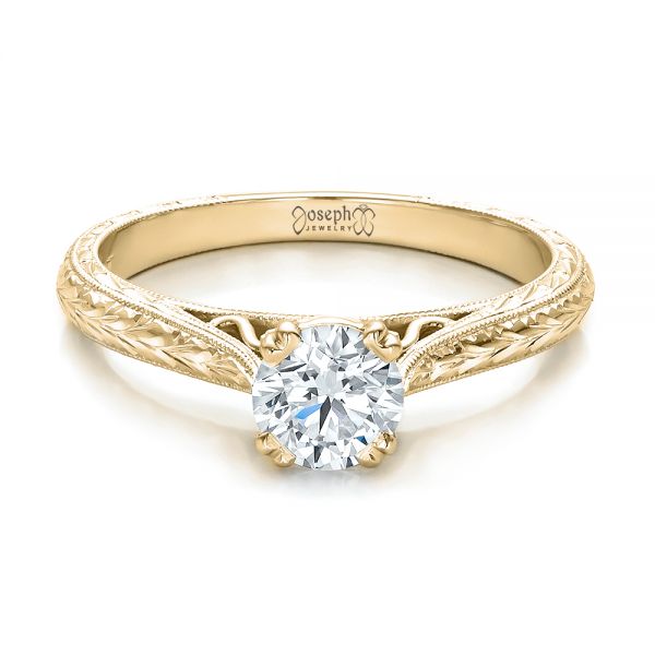 14k Yellow Gold 14k Yellow Gold Custom Antique Hand Engraved Diamond Solitaire Engagement Ring - Flat View - 100716
