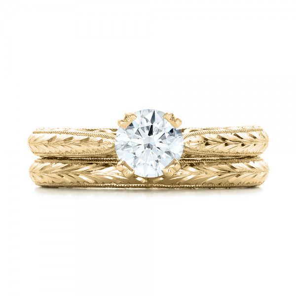 14k Yellow Gold 14k Yellow Gold Custom Antique Hand Engraved Diamond Solitaire Engagement Ring - Top View - 100716