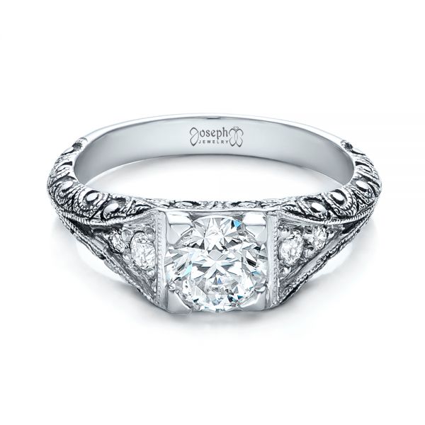Custom Antiqued And Hand Engraved Diamond Engagement Ring 101290
