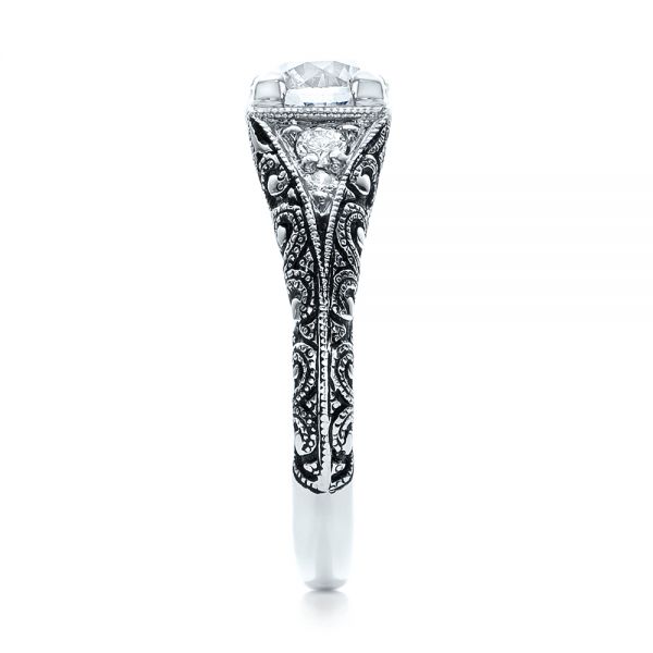 14k White Gold Custom Antiqued And Hand Engraved Diamond Engagement Ring - Side View -  101290