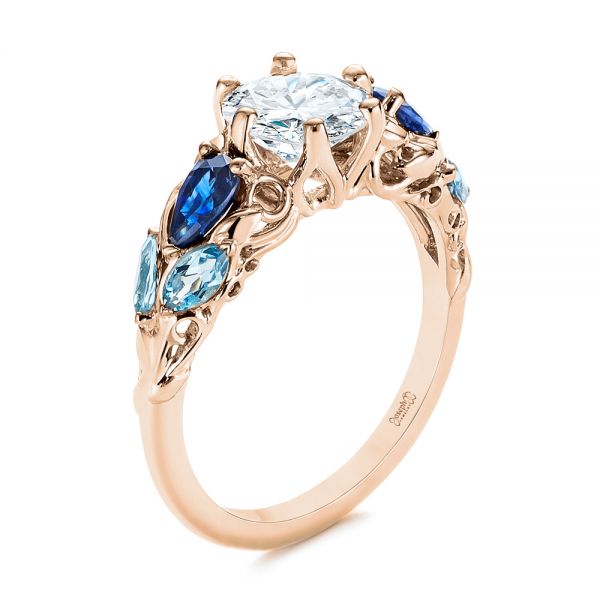 14k Rose Gold 14k Rose Gold Custom Aquamarine Blue Sapphire And Diamond Engagement Ring - Three-Quarter View -  105282