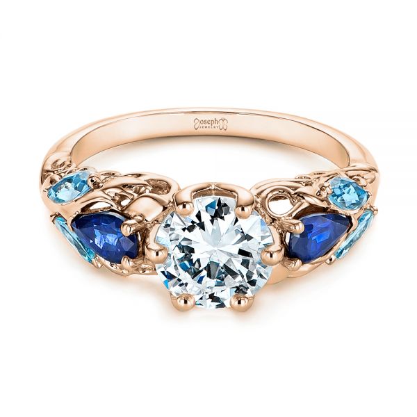 14k Rose Gold 14k Rose Gold Custom Aquamarine Blue Sapphire And Diamond Engagement Ring - Flat View -  105282
