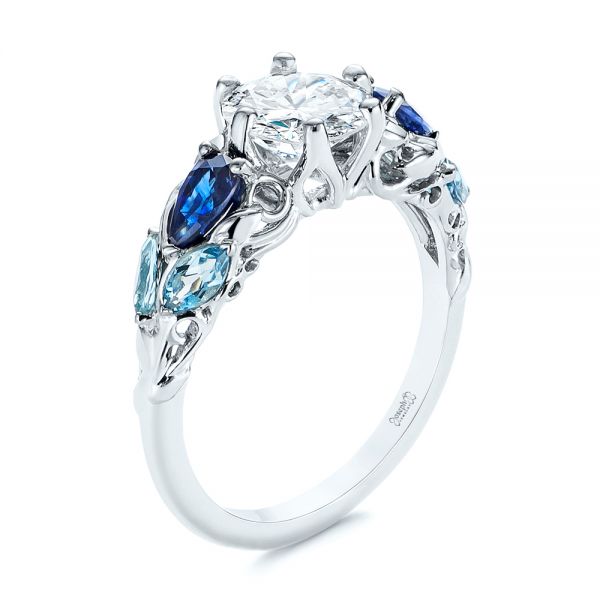  Platinum Custom Aquamarine Blue Sapphire And Diamond Engagement Ring - Three-Quarter View -  105282