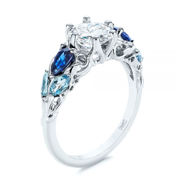 14k White Gold 14k White Gold Custom Aquamarine Blue Sapphire And Diamond Engagement Ring - Three-Quarter View -  105282