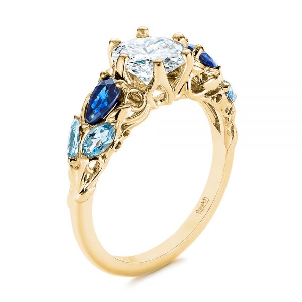 18k Yellow Gold 18k Yellow Gold Custom Aquamarine Blue Sapphire And Diamond Engagement Ring - Three-Quarter View -  105282