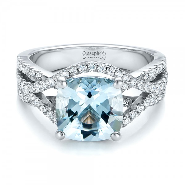  Platinum Platinum Custom Aquamarine And Diamond Engagement Ring - Flat View -  100895