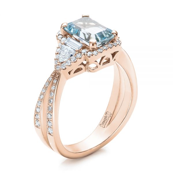 18k Rose Gold 18k Rose Gold Custom Aquamarine And Diamond Halo Engagement Ring - Three-Quarter View -  102048