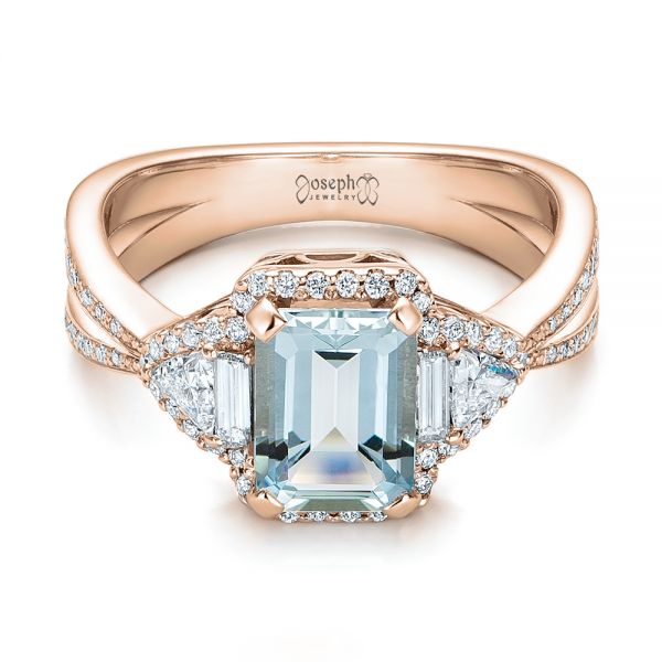 18k Rose Gold 18k Rose Gold Custom Aquamarine And Diamond Halo Engagement Ring - Flat View -  102048