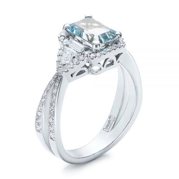 18k White Gold Custom Aquamarine And Diamond Halo Engagement Ring - Three-Quarter View -  102048