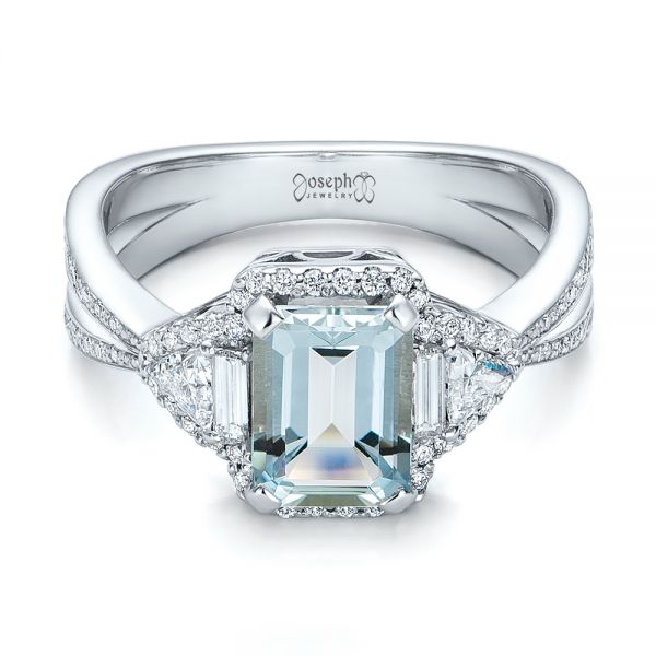 18k White Gold Custom Aquamarine And Diamond Halo Engagement Ring - Flat View -  102048