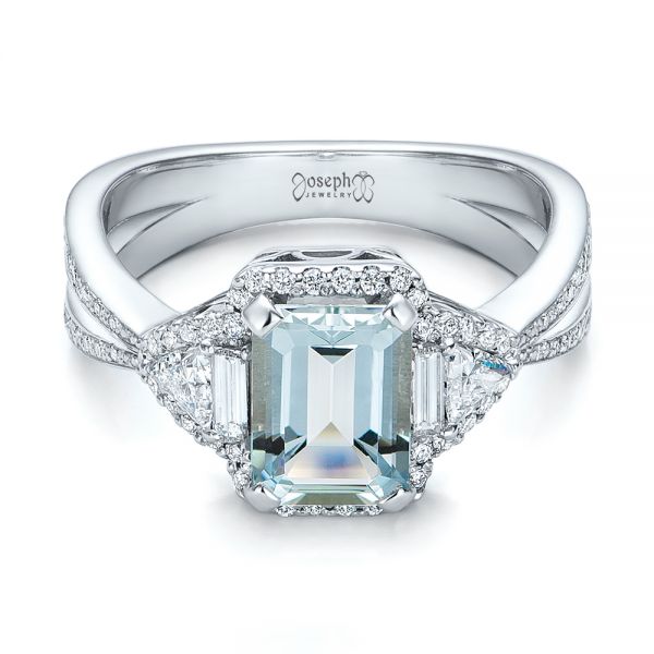 18k White Gold Custom Aquamarine And Diamond Halo Engagement Ring - Flat View - 102048