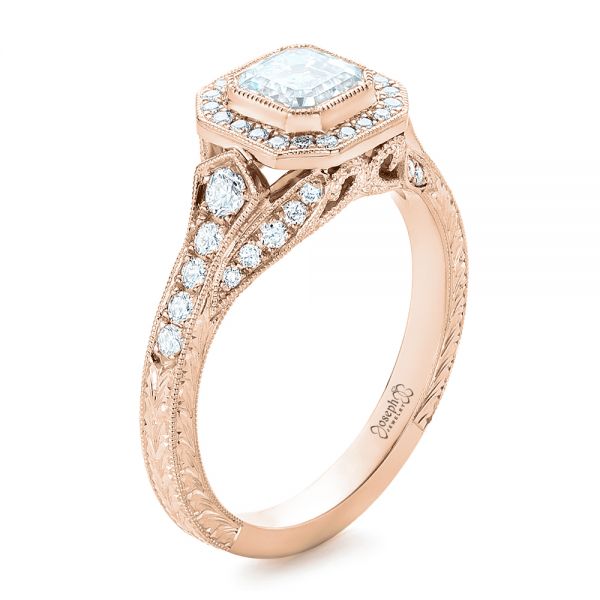 18k Rose Gold 18k Rose Gold Custom Asscher Diamond And Halo Engagement Ring - Three-Quarter View -  102282