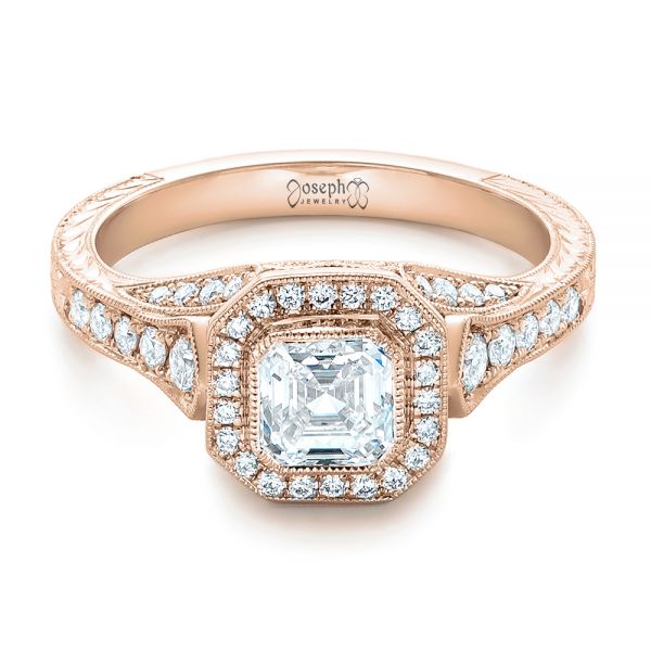 18k Rose Gold 18k Rose Gold Custom Asscher Diamond And Halo Engagement Ring - Flat View -  102282
