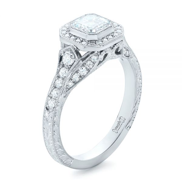 18k White Gold Custom Asscher Diamond And Halo Engagement Ring - Three-Quarter View -  102282