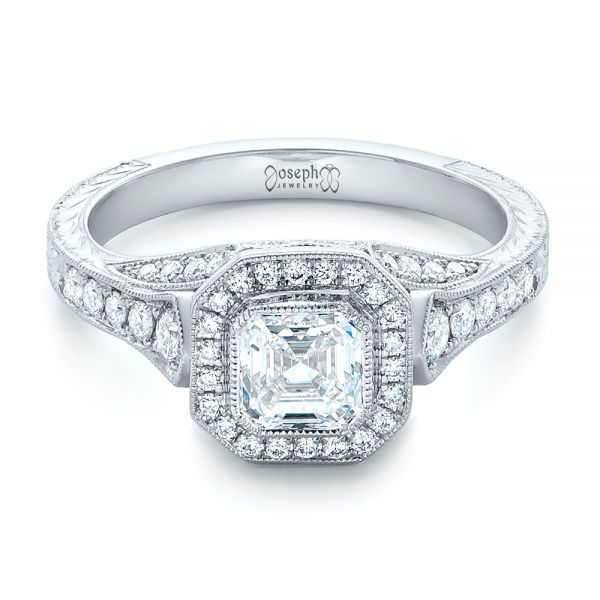  Platinum Platinum Custom Asscher Diamond And Halo Engagement Ring - Flat View -  102282