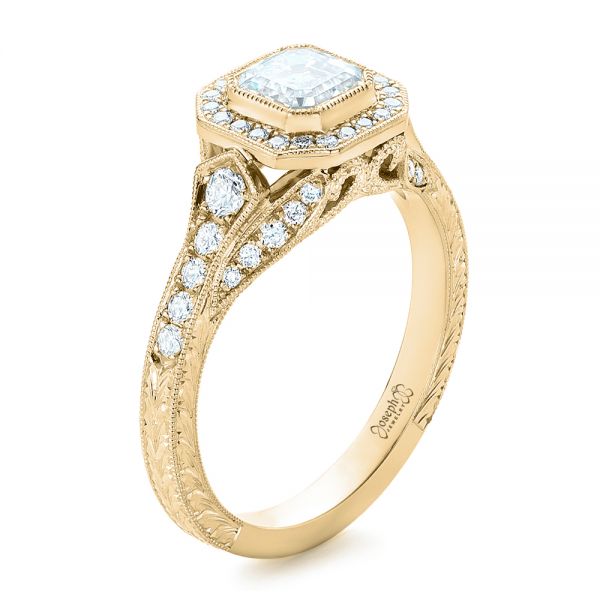 14k Yellow Gold 14k Yellow Gold Custom Asscher Diamond And Halo Engagement Ring - Three-Quarter View -  102282