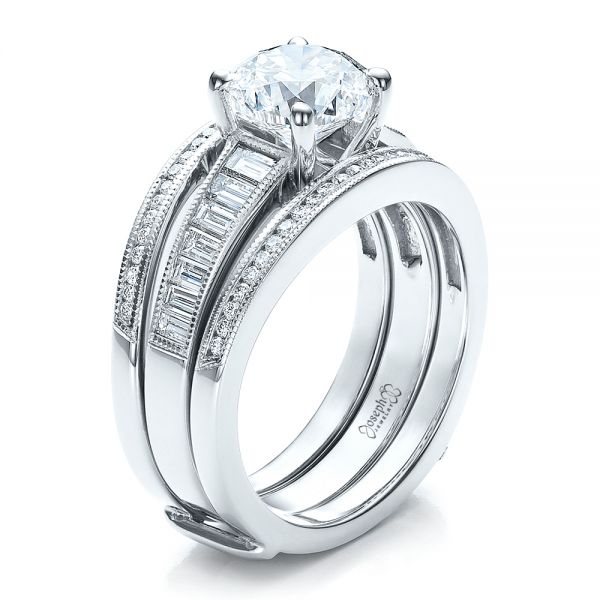 14K White Gold Baguette and Round Diamonds Fancy Cushion Ring