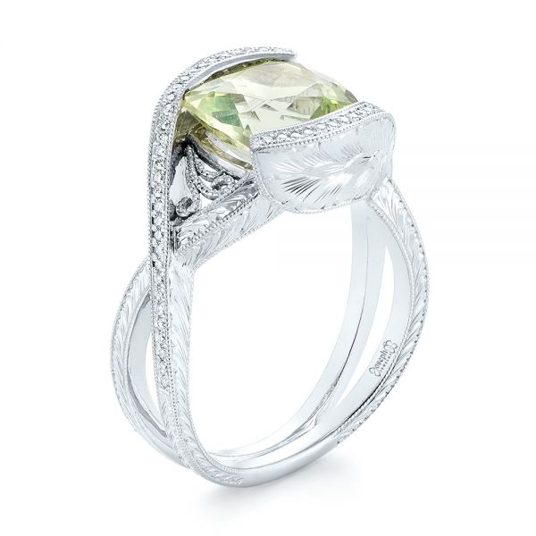18k White Gold Custom Beryl And Diamond Engagement Ring - Three-Quarter View -  103400