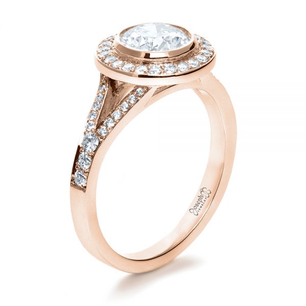 14k Rose Gold 14k Rose Gold Custom Bezel Halo Diamond Engagement Ring - Three-Quarter View -  1245