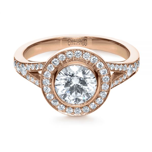 14k Rose Gold 14k Rose Gold Custom Bezel Halo Diamond Engagement Ring - Flat View -  1245