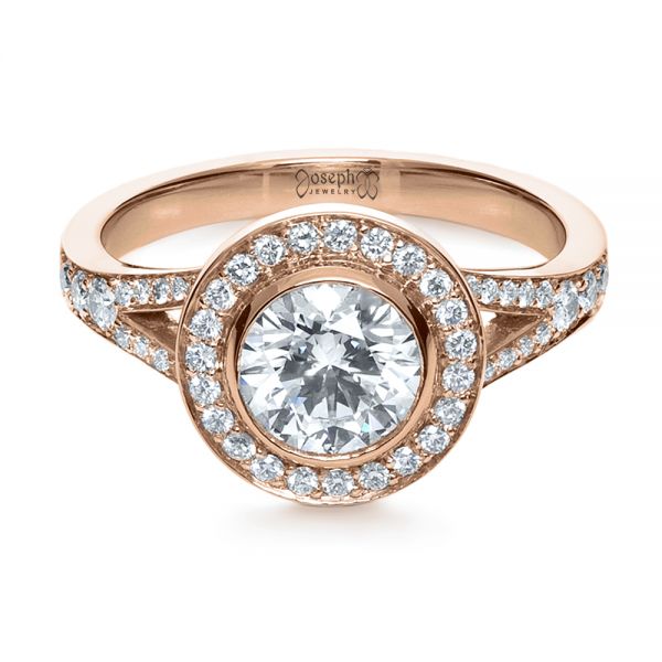 14k Rose Gold 14k Rose Gold Custom Bezel Halo Diamond Engagement Ring - Flat View - 1245