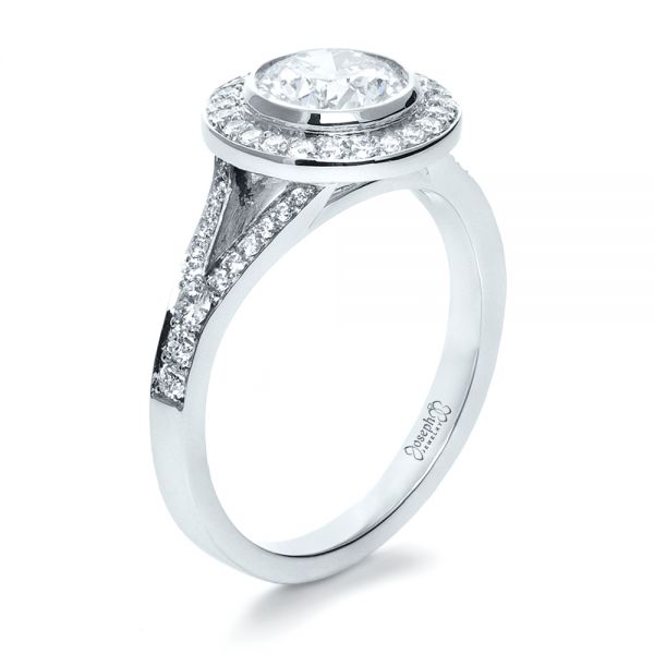  Platinum Custom Bezel Halo Diamond Engagement Ring - Three-Quarter View -  1245