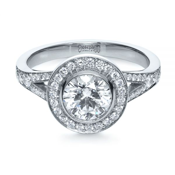 18k White Gold 18k White Gold Custom Bezel Halo Diamond Engagement Ring - Flat View -  1245