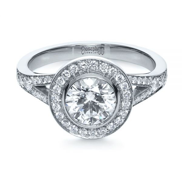 18k White Gold 18k White Gold Custom Bezel Halo Diamond Engagement Ring - Flat View -  1245