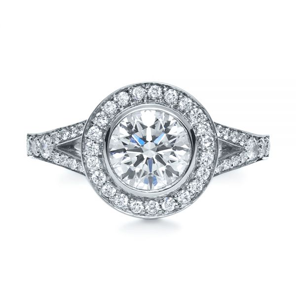 14k White Gold 14k White Gold Custom Bezel Halo Diamond Engagement Ring - Top View -  1245
