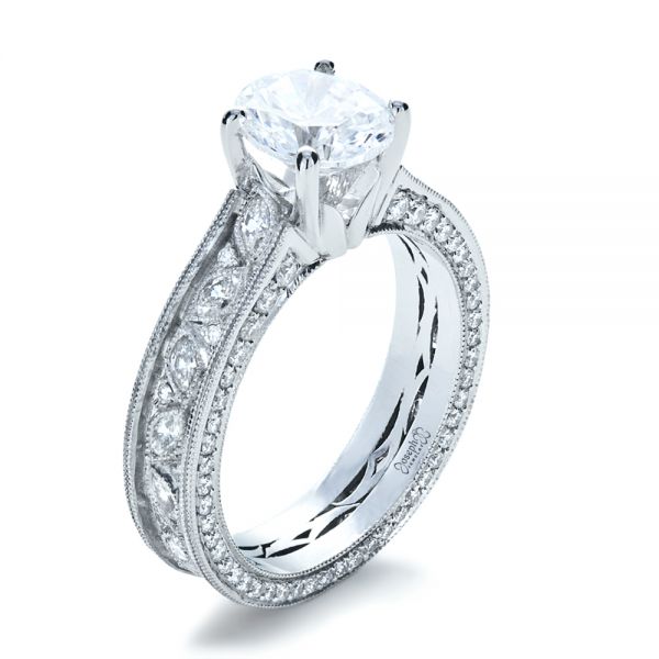 18k White Gold Custom Bezel Set Diamond Engagement Ring - Three-Quarter View -  1202