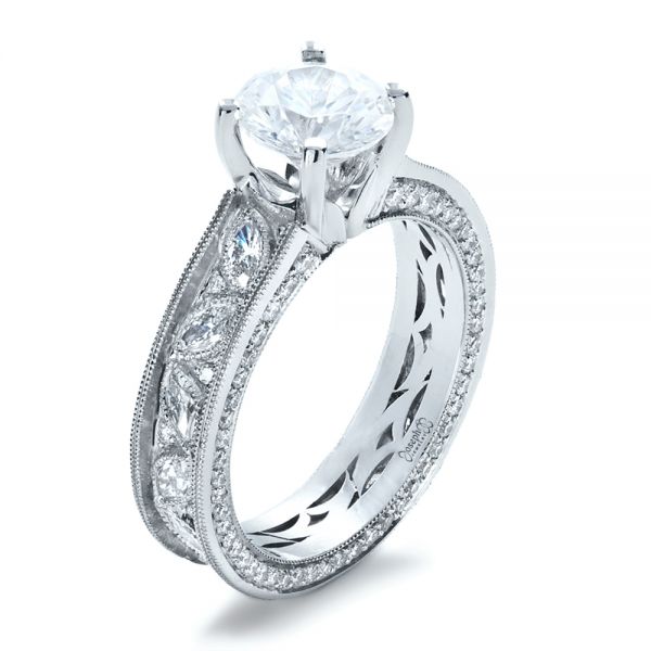 18k White Gold Custom Bezel Set Diamond Engagement Ring - Three-Quarter View -  1206