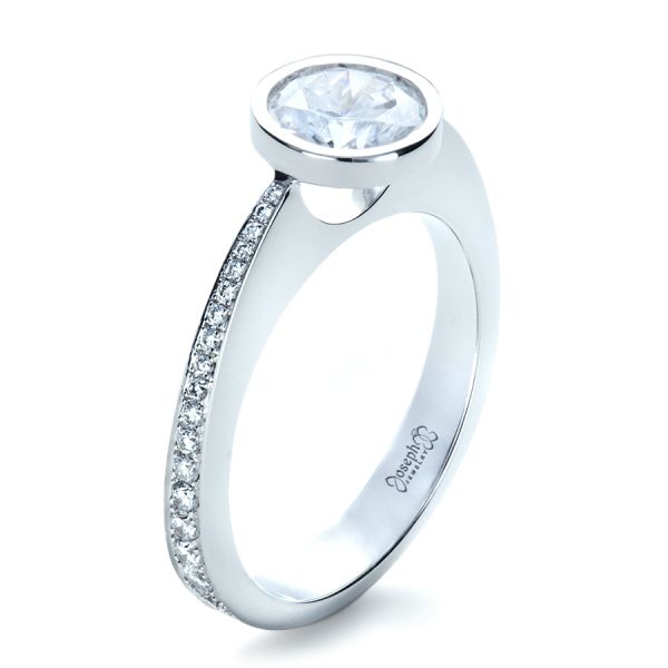 18k White Gold Custom Bezel Set Diamond Engagement Ring - Three-Quarter View -  1215