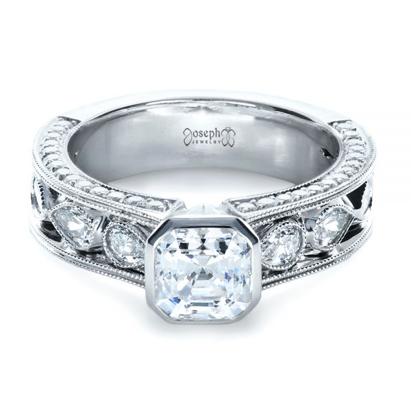 18k White Gold Custom Bezel Set Diamond Engagement Ring - Flat View -  1282