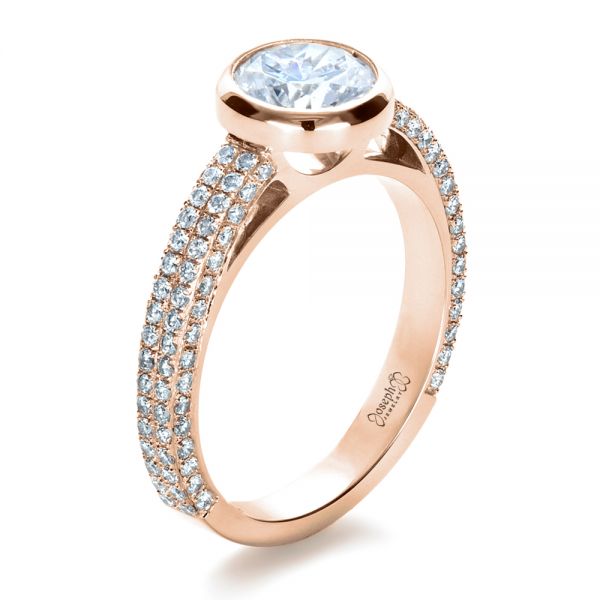18k Rose Gold 18k Rose Gold Custom Bezel Set And Pave Diamond Engagement Ring - Three-Quarter View -  1231